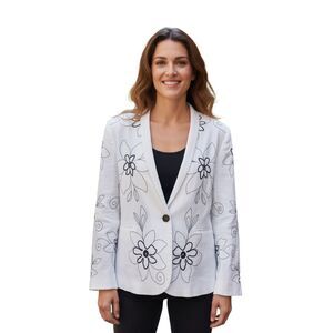 Dressbarn White and Black Linen Women's Blazer Floral Embroidered Design